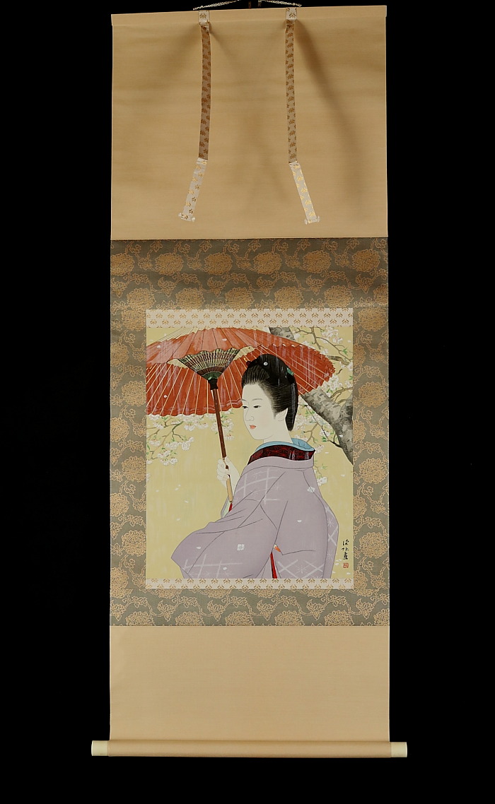 520 【木版】伊東深水 美人画「春雨」 木版画 美品 浮世絵 大倉半兵衛